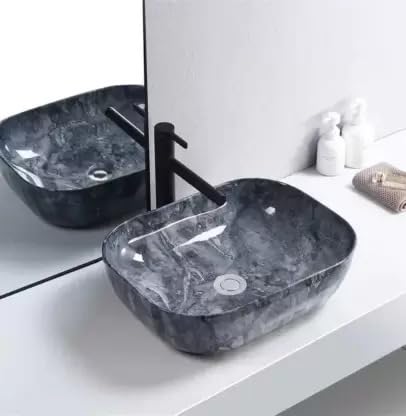 REMANENCE Designer Premium Table Top Wash Basin for Designer Showrooms, Fine-Dining Establishments, Upscale Hospitality Venues (18 x 13 x 5.5 Inch) (Marble Navy Blue)