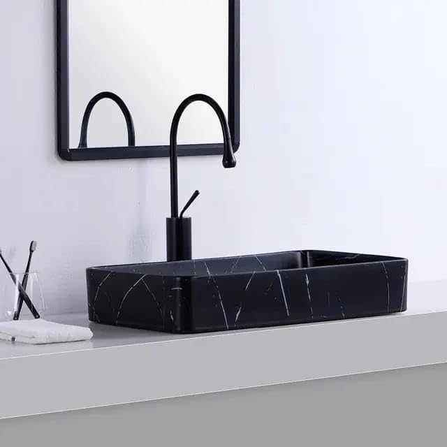 REMANENCE Designer Countertop Ceramic Wash Basin For Bathroom (24 x 14 x 5 Inch) (Matte Black N White Stripe)