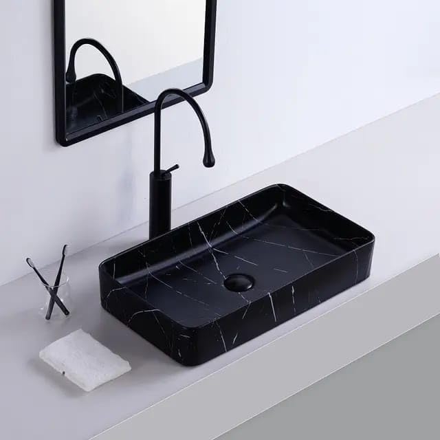 REMANENCE Designer Countertop Ceramic Wash Basin For Bathroom (24 x 14 x 5 Inch) (Matte Black N White Stripe)