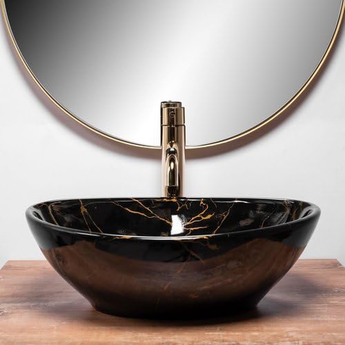 REMANENCE-OVAL Designer Countertop Wash Basin For Bathroom, Restaurant, Living Room (16 x 13 x 5.5 Inch) (Glossy Black & Gold)