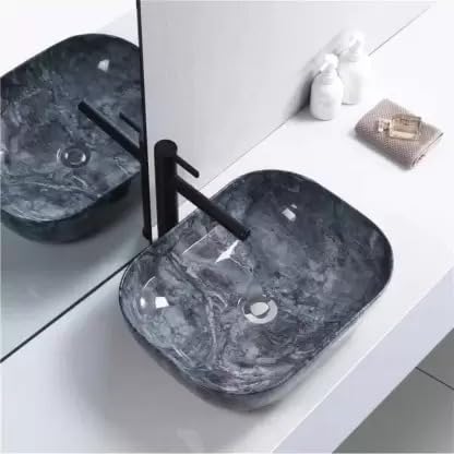REMANENCE Designer Premium Table Top Wash Basin for Designer Showrooms, Fine-Dining Establishments, Upscale Hospitality Venues (18 x 13 x 5.5 Inch) (Marble Navy Blue)
