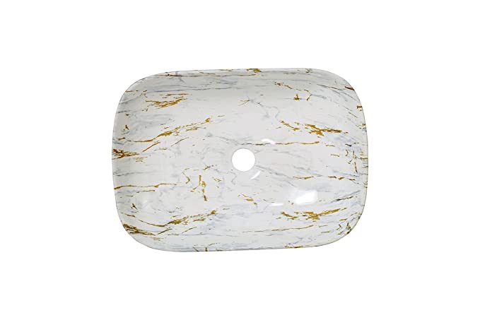 REMANENCE Designer Premium Table Top Wash Basin for Designer Showrooms, Fine-Dining Establishments, Upscale Hospitality Venues (18 x 13 x 5.5 Inch) (Glossy-White N Golden Strap)
