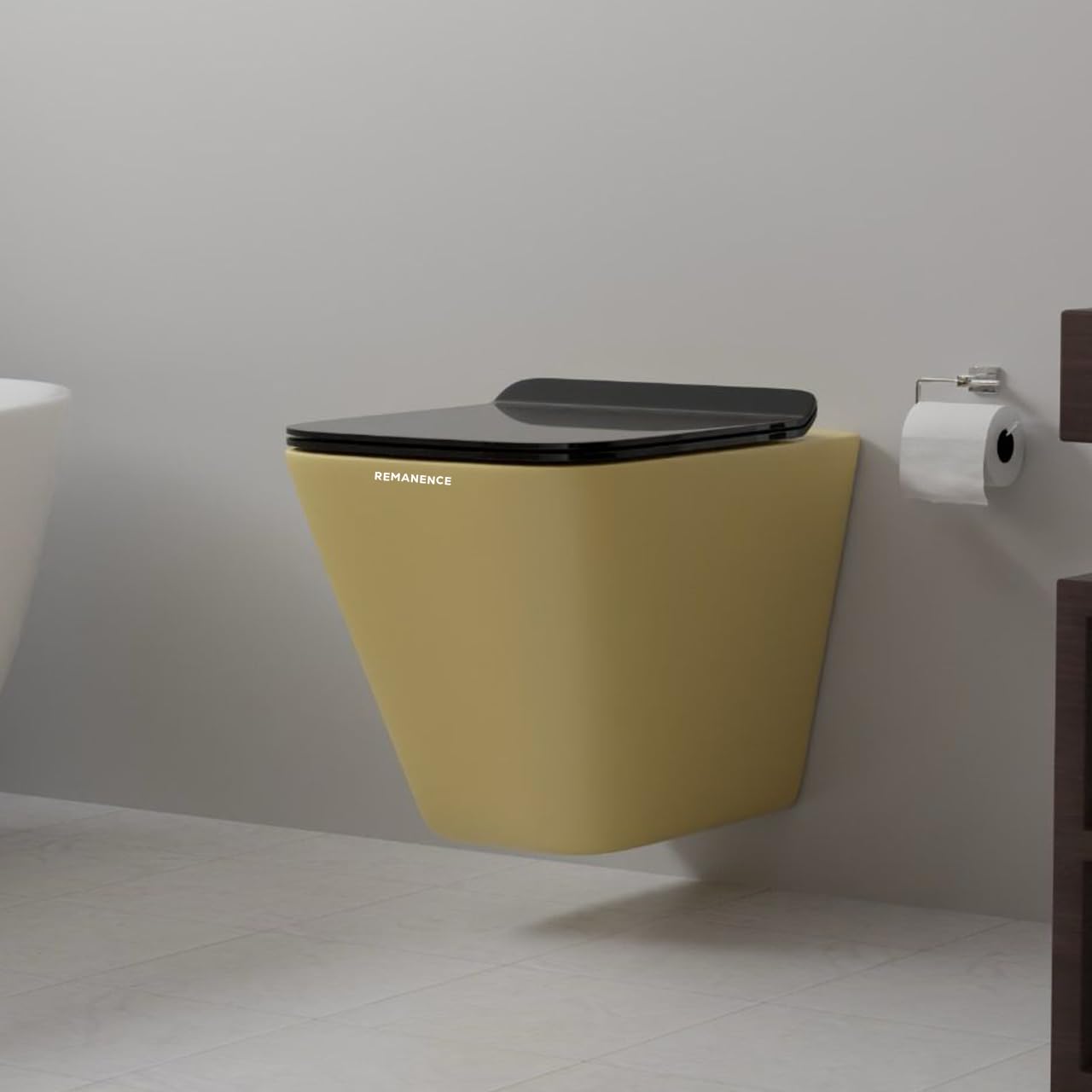 REMANENCE-EUROPEAN Style Ceramic Wall Mount Commode for Bathrooms with Soft Close Seat Cover (Light Yellow)