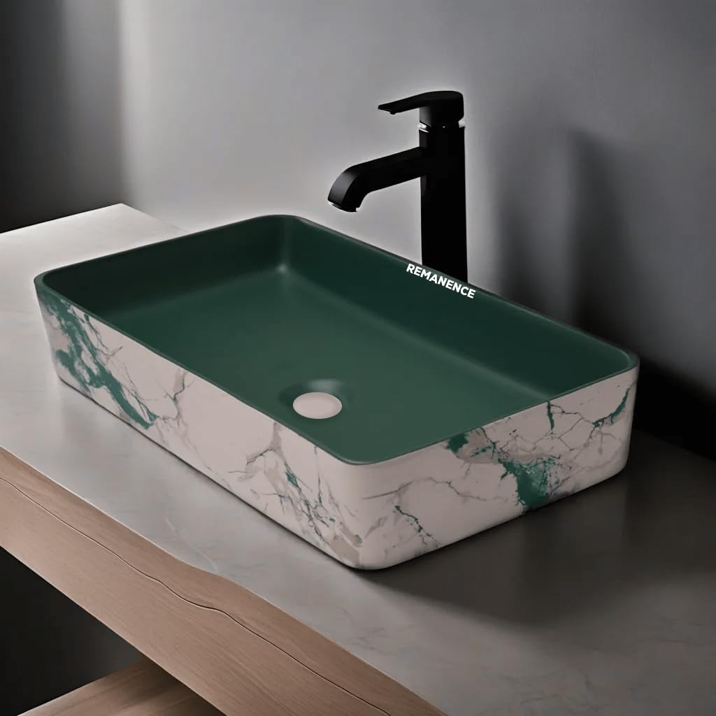 REMANENCE Designer Ceramic Table Top Wash Basin For Bathroom (24 x 14 x 5 Inch) (Designer Green N White SL 57)