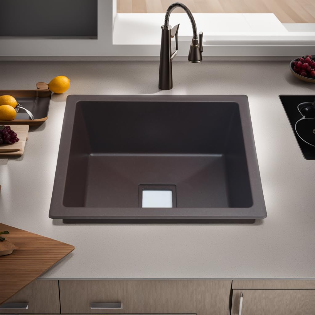 REMANENCE Granite Quartz Single Bowl Kitchen Sink With Drain Board (21 x 18 x 9 Inch)