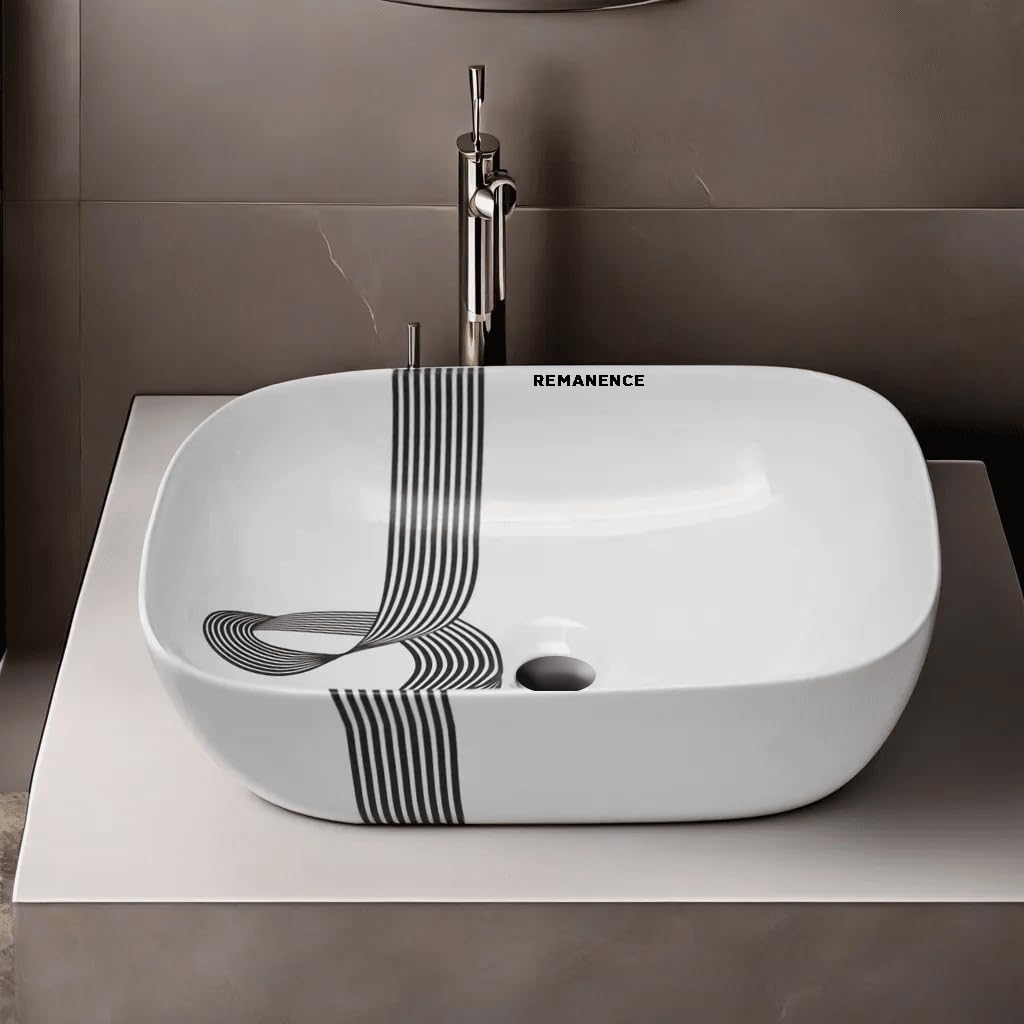 REMANENCE Premium Designer Table Top Wash Basin For Designer Bathrooms, Luxury Homes, Boutique Hotels (18 x 13 x 5.5 Inch) (AD 18 White N Black Stripe Design)