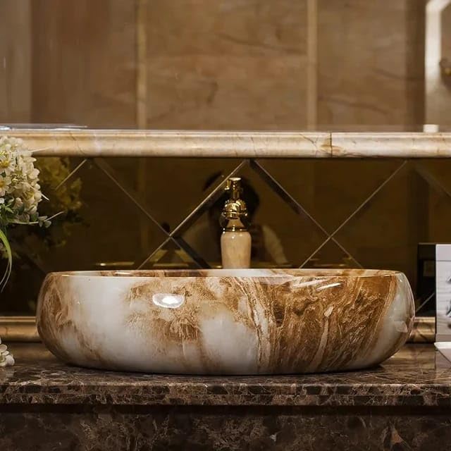 REMANENCE Ceramic Countertop Wash Basin for Designer Bathroom, Boutique Hotels, Luxury Homes (24 x 15 x 6 Inch) (Marble White N Brown)