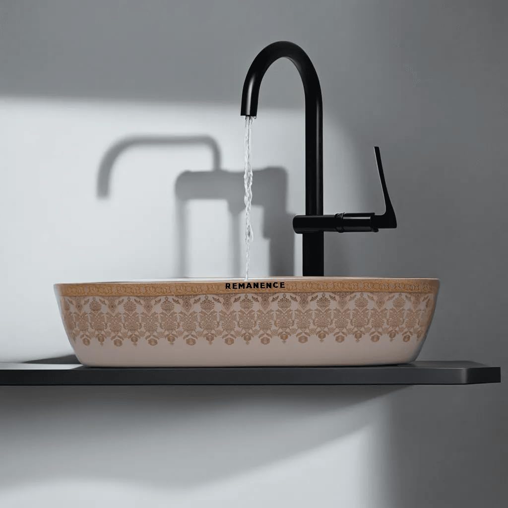 REMANENCE Designer Ceramic Table Top Wash Basin for Luxury Bathrooms, Premium Restaurants & Cafés, Boutique Hotels & Resorts, Showrooms & Offices (24 x 15 x 5 Inch) (Moroccan Design CL 92)