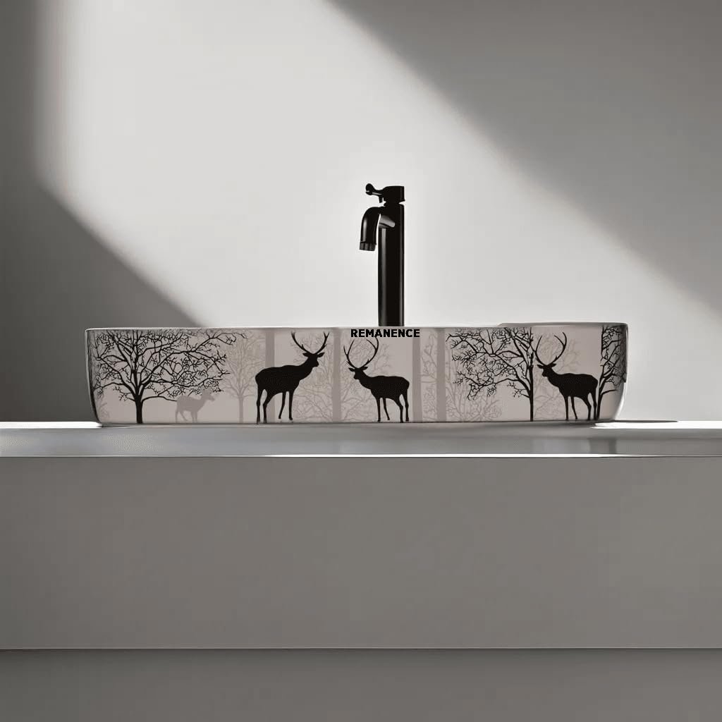 REMANENCE Designer Ceramic Table Top Wash Basin For Bathroom (24 x 14 x 5 Inch) (Animal Print SL 06)