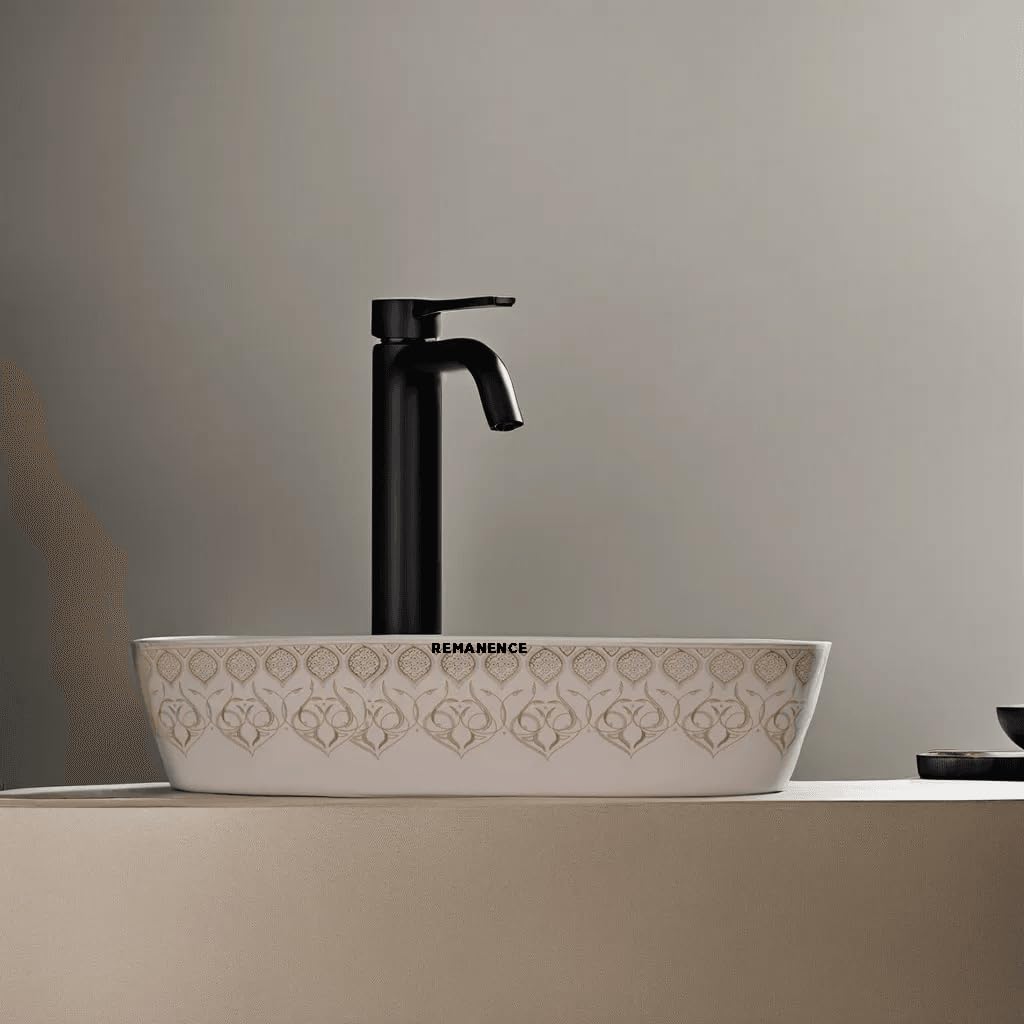 REMANENCE Designer Ceramic Table Top Wash Basin for Luxury Bathrooms, Premium Restaurants & Cafés, Boutique Hotels & Resorts, Showrooms & Offices (24 x 15 x 5 Inch) (Moroccan Design CL 94)