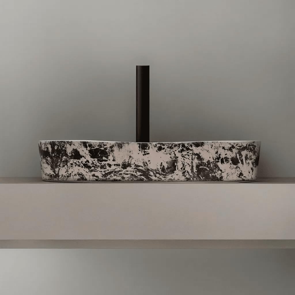 REMANENCE Designer Ceramic Table Top Wash Basin For Bathroom (24 x 14 x 5 Inch) (Designer White N Black SL 52)