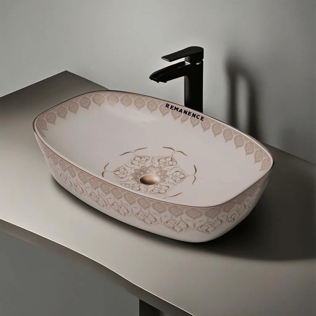 REMANENCE Designer Ceramic Table Top Wash Basin for Luxury Bathrooms, Premium Restaurants & Cafés, Boutique Hotels & Resorts, Showrooms & Offices (24 x 15 x 5 Inch) (Moroccan Design CL 93)