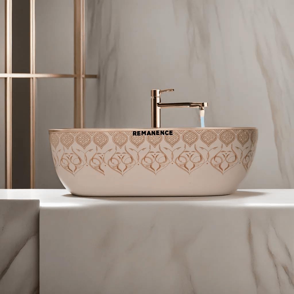 REMANENCE Premium Designer Table Top Wash Basin For Designer Bathrooms, Luxury Homes, Boutique Hotels (18 x 13 x 5.5 Inch) (AD 98 Moroccan Gold-Yellow Design)