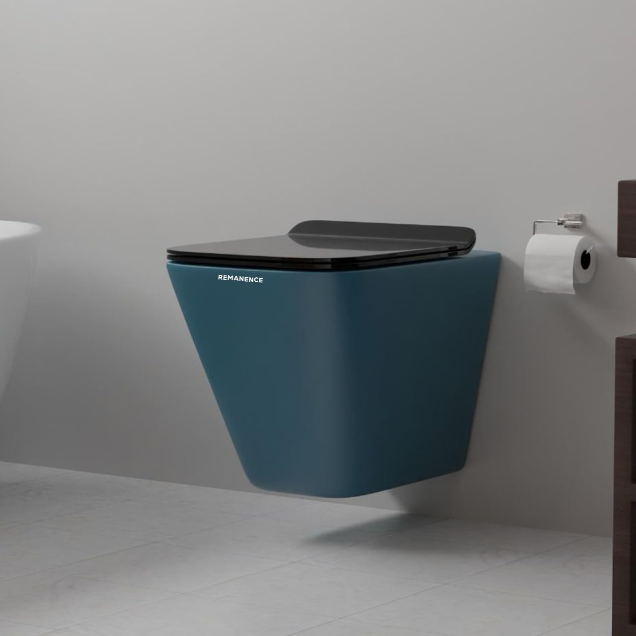 REMANENCE-EUROPEAN Style Ceramic Wall Mount Commode for Bathrooms with Soft Close Seat Cover (Blue)