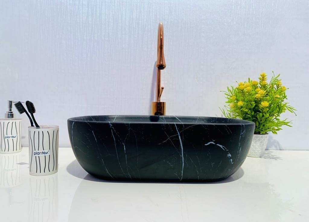 REMANENCE Premium Ceramic Countertop Wash Basin for Premium Restaurants & Cafés, Luxury Bathrooms, Showrooms & Offices (18 x 13 x 5.5 Inch) (Matte White N Black Strap)