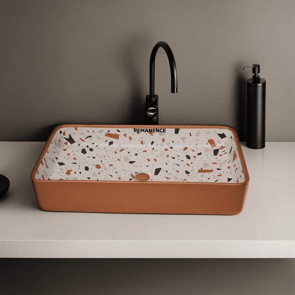 REMANENCE Designer Ceramic Table Top Wash Basin For Bathroom (24 x 14 x 5 Inch) (Designer GoldYellow SL 63)
