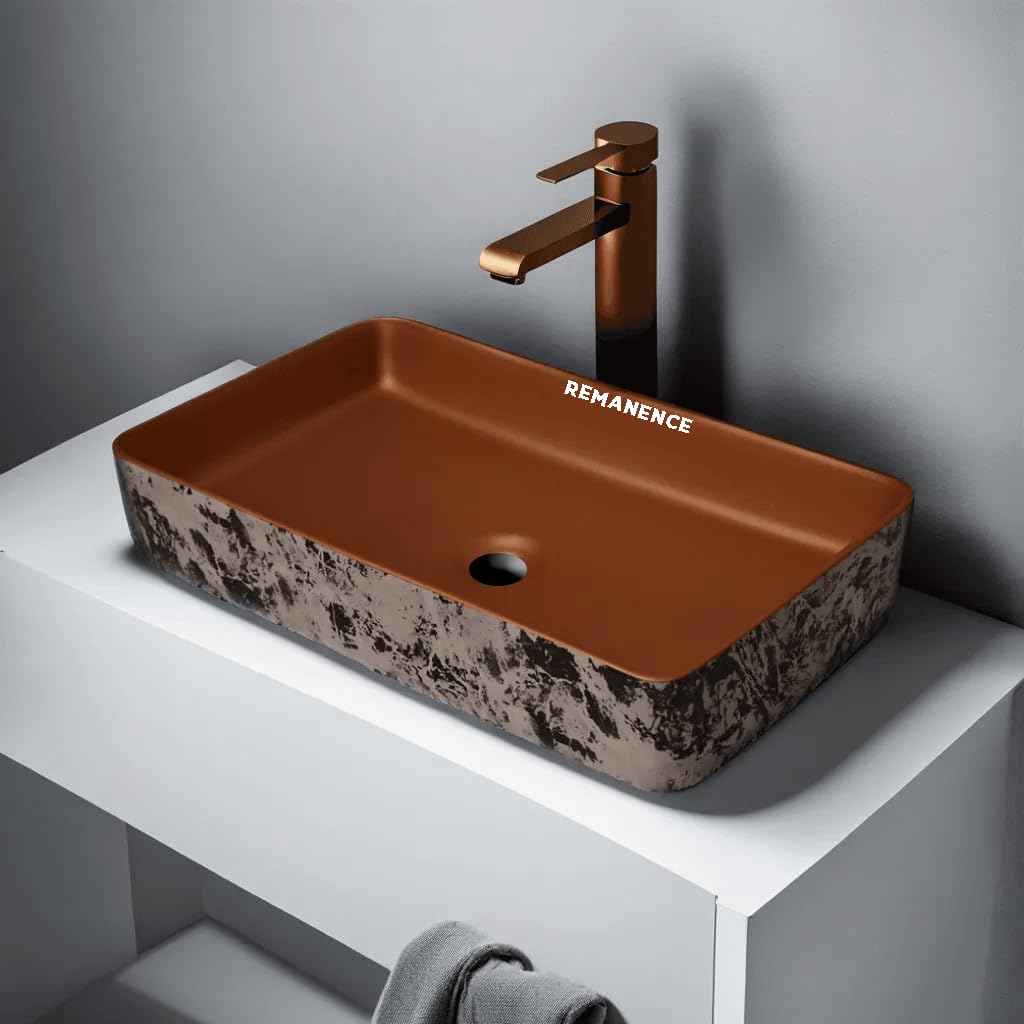 REMANENCE Designer Ceramic Table Top Wash Basin For Bathroom (24 x 14 x 5 Inch) (Brown N White Black SL 51)