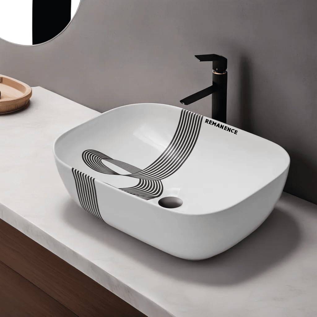 REMANENCE Premium Designer Table Top Wash Basin For Designer Bathrooms, Luxury Homes, Boutique Hotels (18 x 13 x 5.5 Inch) (AD 18 White N Black Stripe Design)