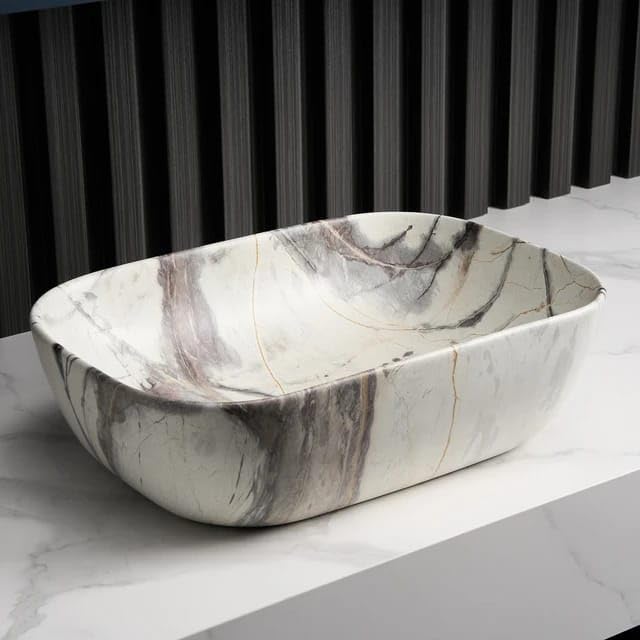 REMANENCE Designer Premium Table Top Wash Basin for Designer Showrooms, Fine-Dining Establishments, Upscale Hospitality Venues (18 x 13 x 5.5 Inch) (Marble Beige Grey)