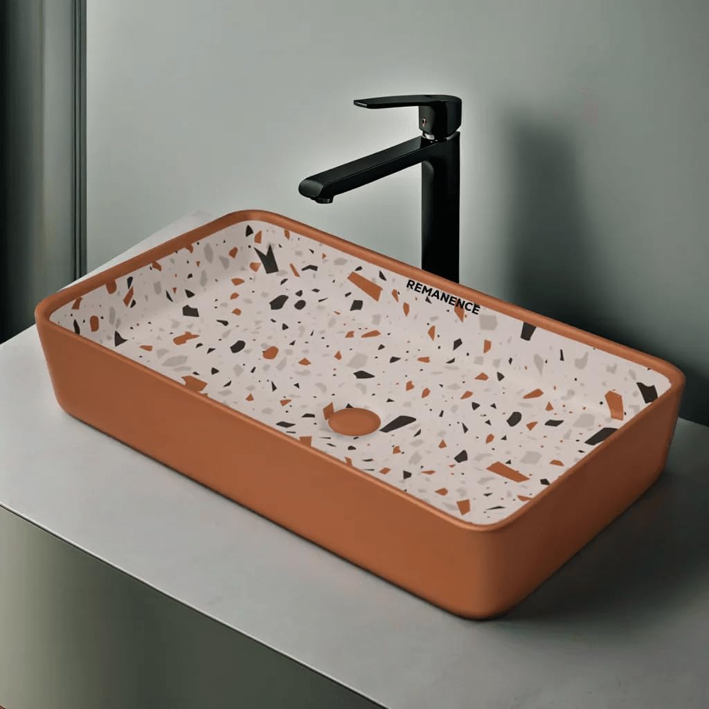 REMANENCE Designer Ceramic Table Top Wash Basin For Bathroom (24 x 14 x 5 Inch) (Designer GoldYellow SL 63)