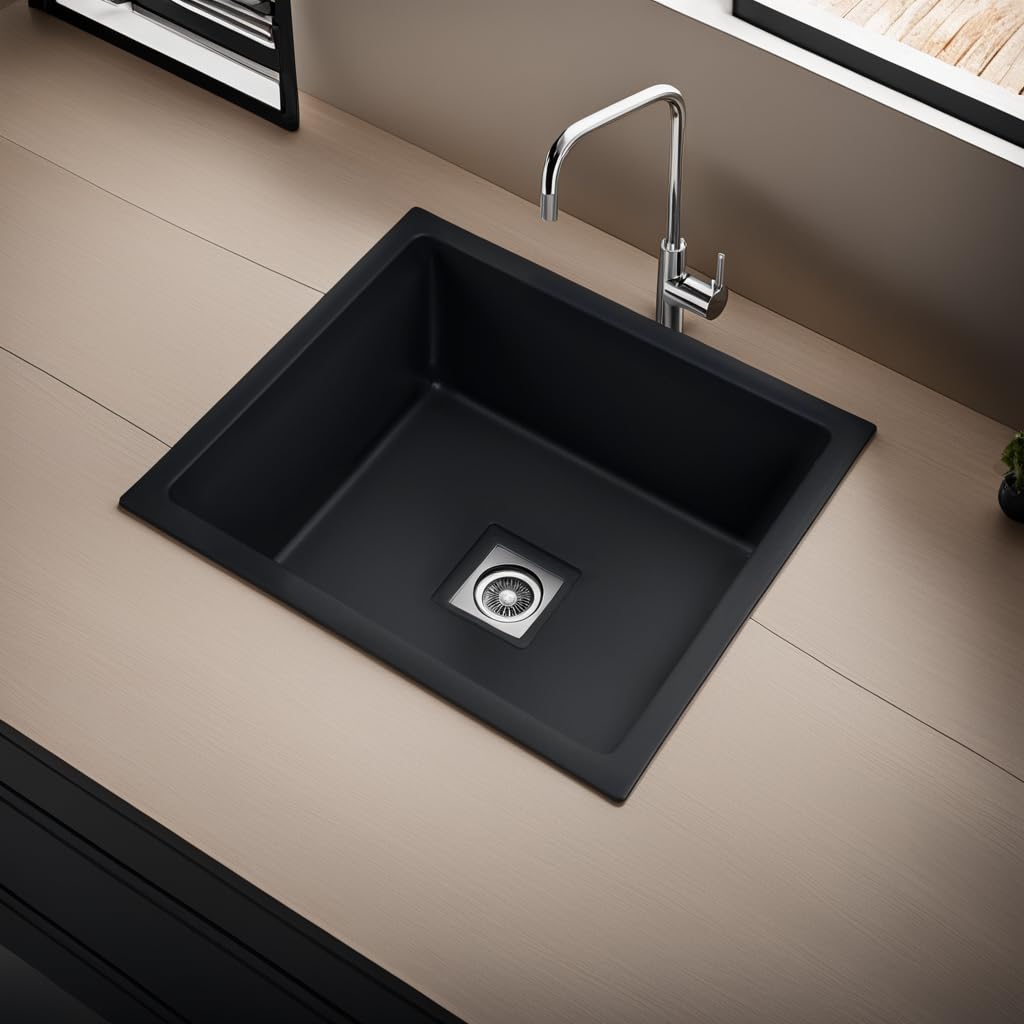 REMANENCE Granite Quartz Single Bowl Kitchen Sink With Drain Board (21 x 18 x 9 Inch)