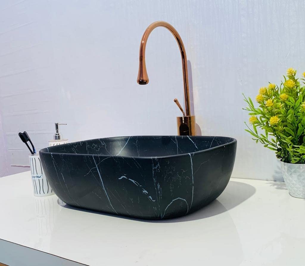 REMANENCE Premium Ceramic Countertop Wash Basin for Premium Restaurants & Cafés, Luxury Bathrooms, Showrooms & Offices (18 x 13 x 5.5 Inch) (Matte White N Black Strap)