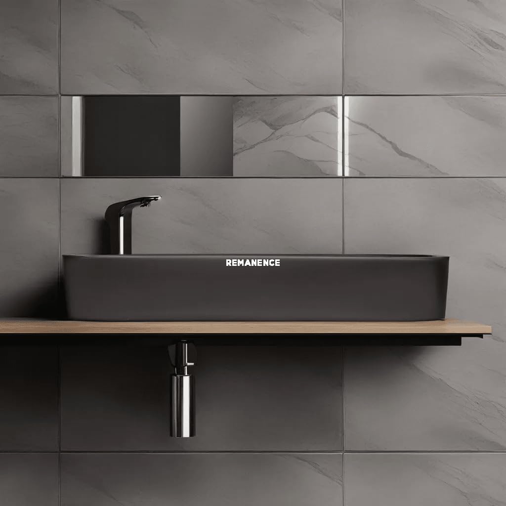REMANENCE Designer Ceramic Table Top Wash Basin For Bathroom (24 x 14 x 5 Inch) (Designer Grey N White Stripe SL 62)