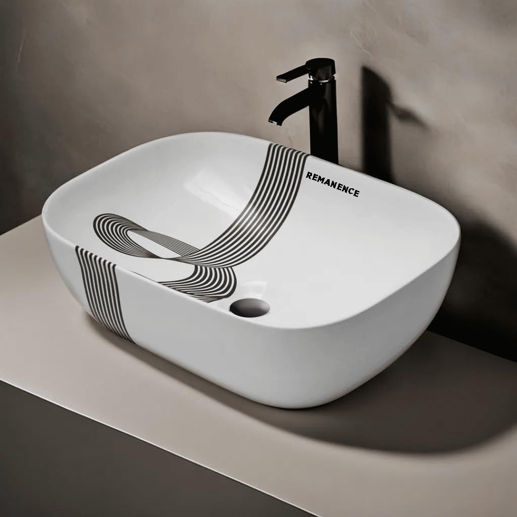 REMANENCE Premium Designer Table Top Wash Basin For Designer Bathrooms, Luxury Homes, Boutique Hotels (18 x 13 x 5.5 Inch) (AD 18 White N Black Stripe Design)