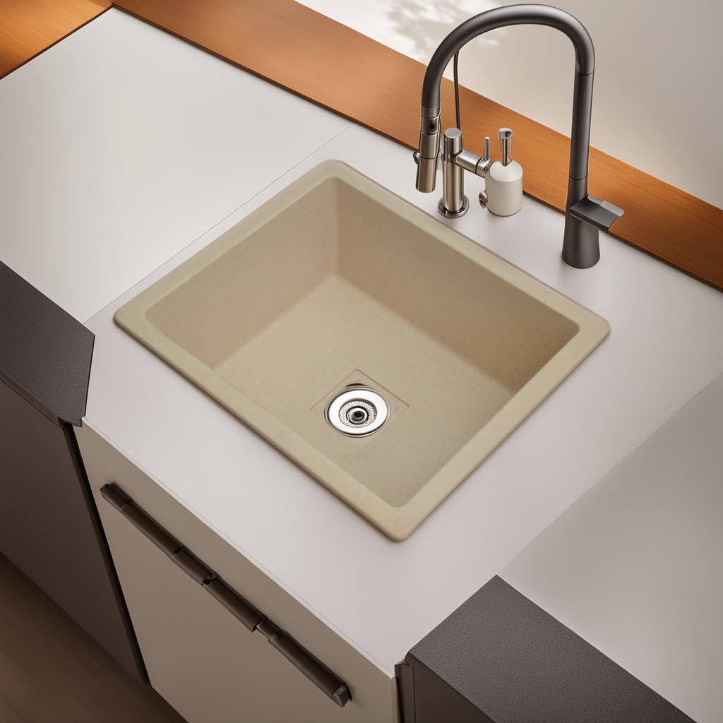 REMANENCE Granite Quartz Single Bowl Kitchen Sink With Drain Board (21 x 18 x 9 Inch)