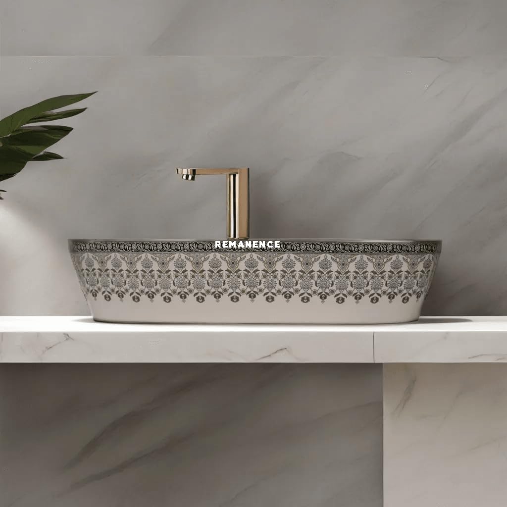 REMANENCE Designer Ceramic Table Top Wash Basin for Luxury Bathrooms, Premium Restaurants & Cafés, Boutique Hotels & Resorts, Showrooms & Offices (24 x 15 x 5 Inch) (Moroccan Design CL 91)