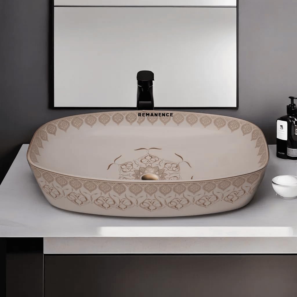 REMANENCE Designer Ceramic Table Top Wash Basin for Luxury Bathrooms, Premium Restaurants & Cafés, Boutique Hotels & Resorts, Showrooms & Offices (24 x 15 x 5 Inch) (Moroccan Design CL 93)
