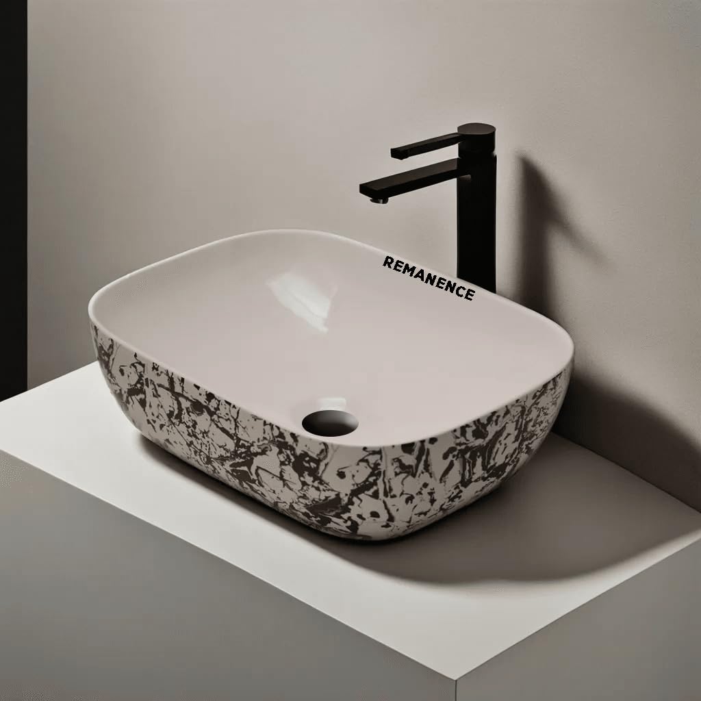 REMANENCE Premium Designer Table Top Wash Basin For Designer Bathrooms, Luxury Homes, Boutique Hotels (18 x 13 x 5.5 Inch) (AD 11 Designer White N Black)