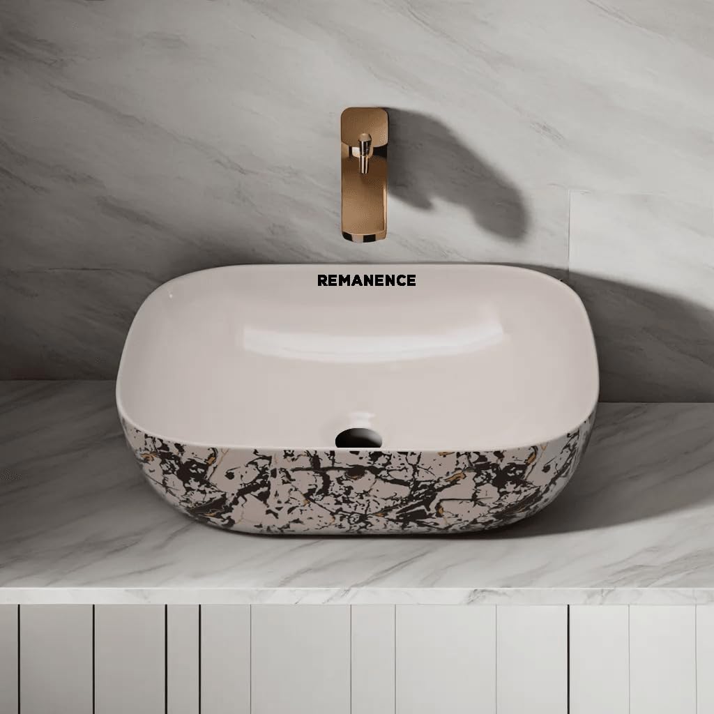 REMANENCE Premium Designer Table Top Wash Basin For Designer Bathrooms, Luxury Homes, Boutique Hotels (18 x 13 x 5.5 Inch) (AD 11 Designer White N Black)