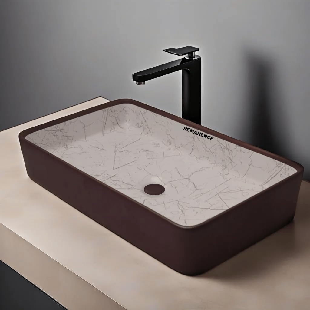 REMANENCE Designer Ceramic Table Top Wash Basin For Bathroom (24 x 14 x 5 Inch) (Matte Brown N White SL 61)