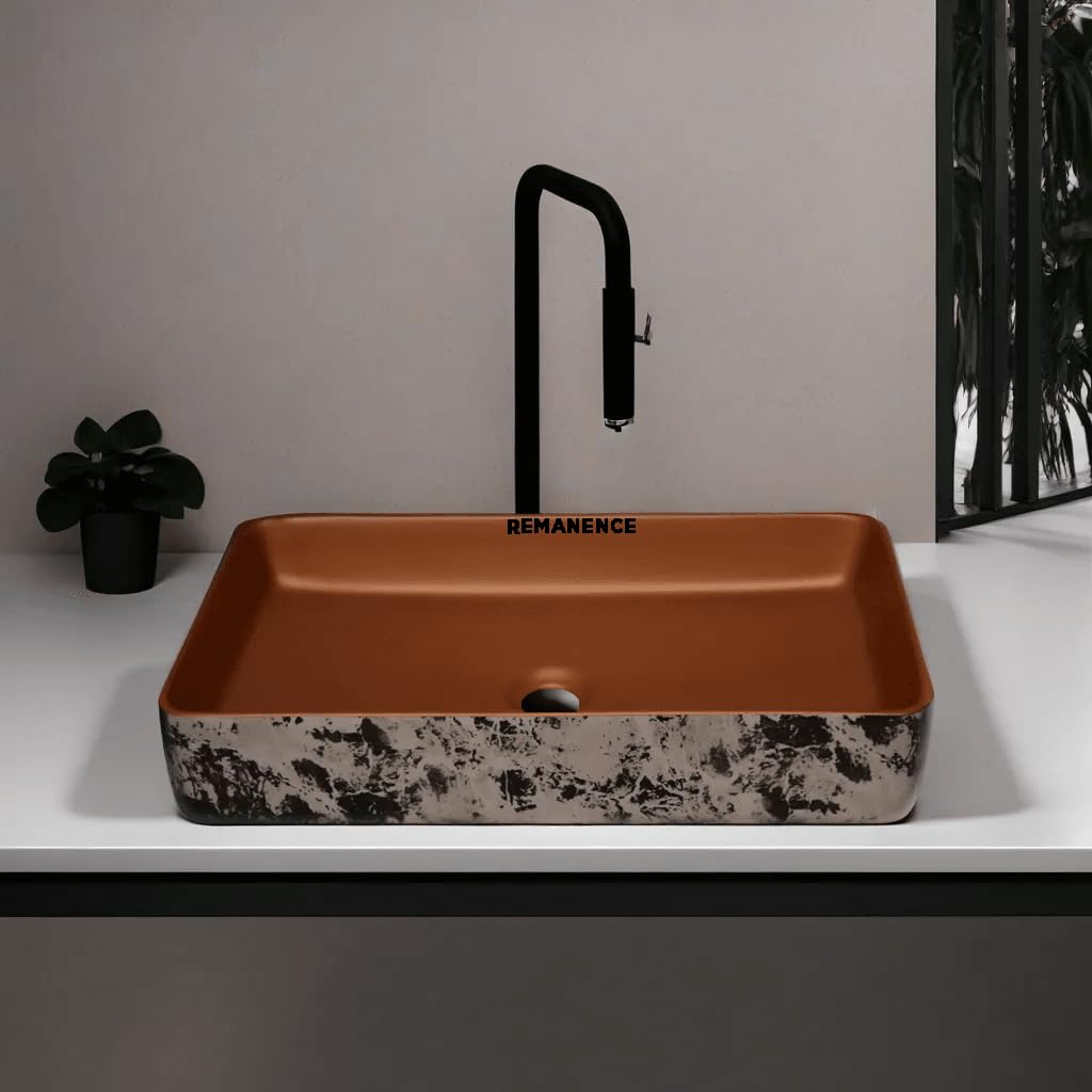 REMANENCE Designer Ceramic Table Top Wash Basin For Bathroom (24 x 14 x 5 Inch) (Brown N White Black SL 51)