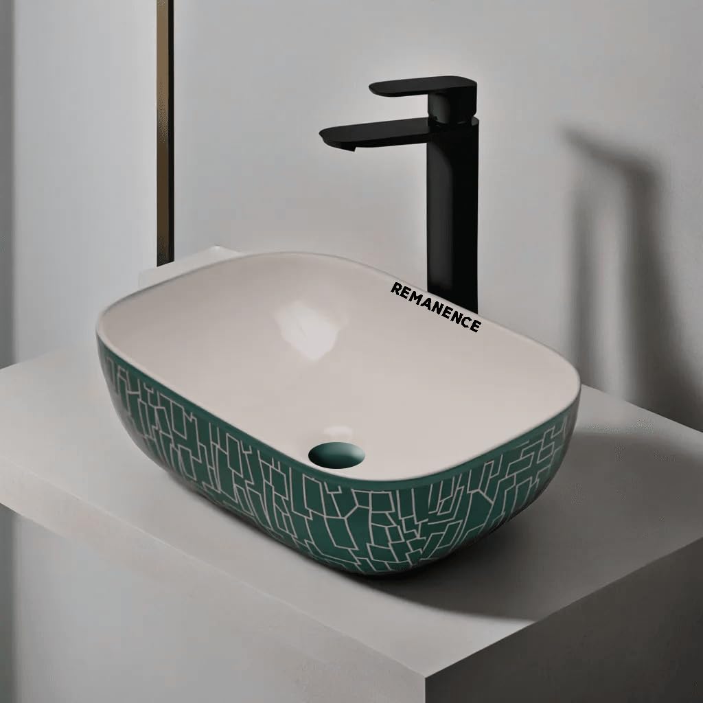 REMANENCE Premium Designer Table Top Wash Basin For Designer Bathrooms, Luxury Homes, Boutique Hotels (18 x 13 x 5.5 Inch) (AD 20 White N Rama)