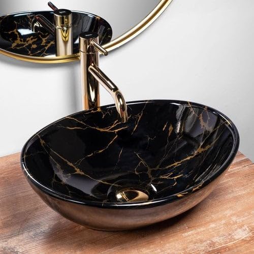 REMANENCE-OVAL Designer Countertop Wash Basin For Bathroom, Restaurant, Living Room (16 x 13 x 5.5 Inch) (Glossy Black & Gold)