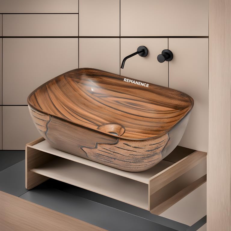REMANENCE Premium Wooden Style Designer Table Top Wash Basin for Luxury Homes, Premium Restaurants & Cafés, Boutique Hotels & Resorts (18 x 13 x 5.5 Inch) (Wooden Style Basin 09)