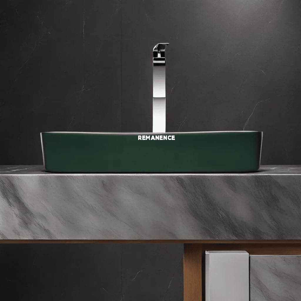REMANENCE Designer Ceramic Table Top Wash Basin For Bathroom (24 x 14 x 5 Inch) (Deigner Matte Green Stripe SL 65)