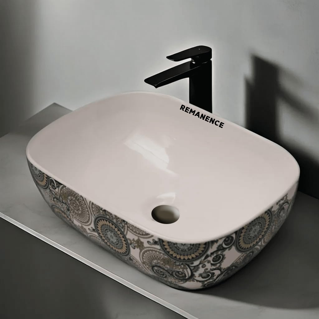 REMANENCE Premium Designer Table Top Wash Basin For Designer Bathrooms, Luxury Homes, Boutique Hotels (18 x 13 x 5.5 Inch) (AD 01 White N Green)