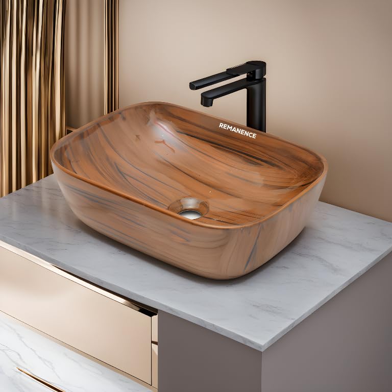REMANENCE Premium Wooden Style Designer Table Top Wash Basin for Luxury Homes, Premium Restaurants & Cafés, Boutique Hotels & Resorts (18 x 13 x 5.5 Inch) (Wooden Style Basin 04)