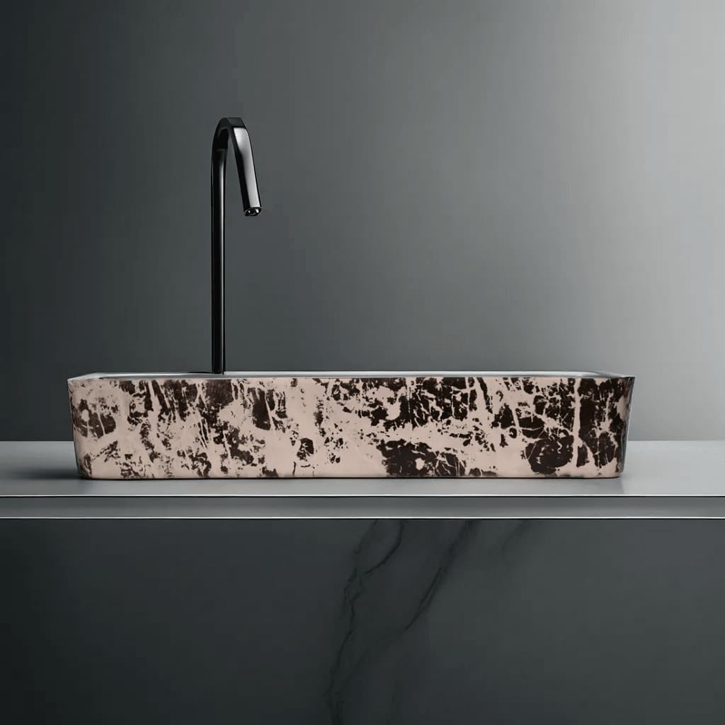 REMANENCE Designer Ceramic Table Top Wash Basin For Bathroom (24 x 14 x 5 Inch) (Designer Grey N White Black SL 53)