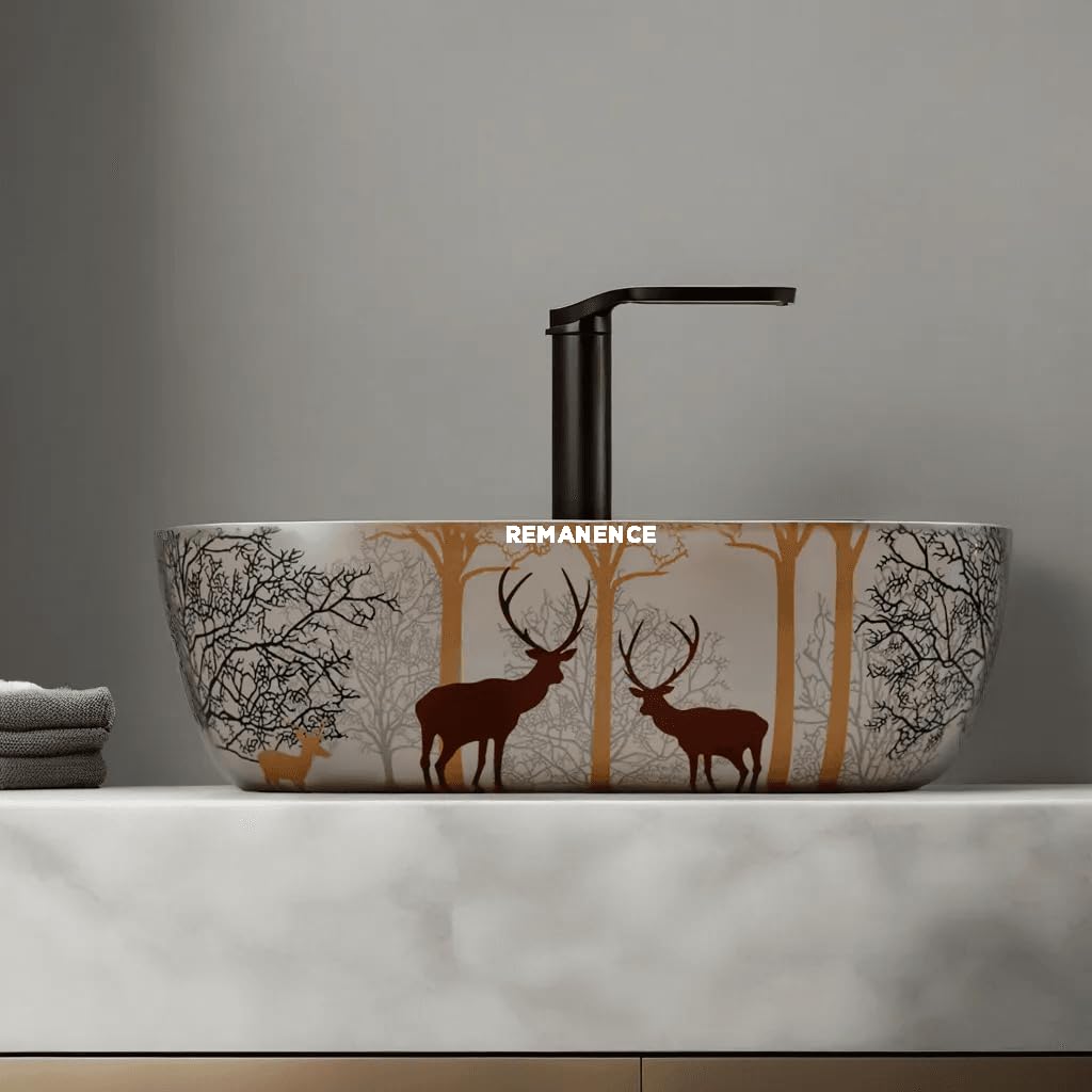 REMANENCE Premium Designer Table Top Wash Basin For Designer Bathrooms, Luxury Homes, Boutique Hotels (18 x 13 x 5.5 Inch) (AD 15 Animal Printed)