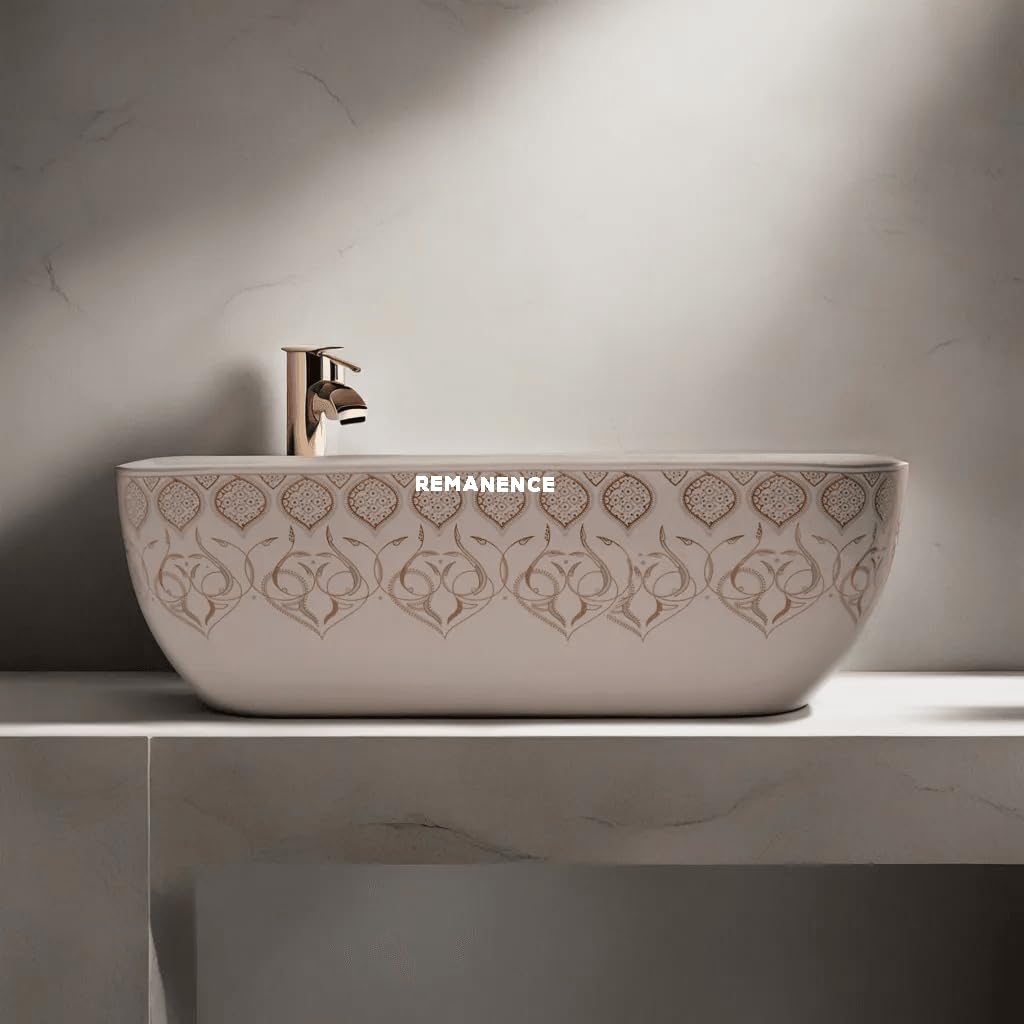REMANENCE Premium Designer Table Top Wash Basin For Designer Bathrooms, Luxury Homes, Boutique Hotels (18 x 13 x 5.5 Inch) (AD 97 White N Light Grey)