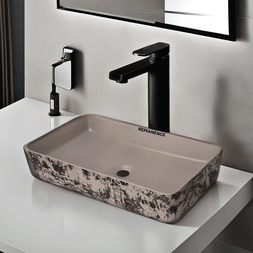 REMANENCE Designer Ceramic Table Top Wash Basin For Bathroom (24 x 14 x 5 Inch) (Designer White N Black SL 52)
