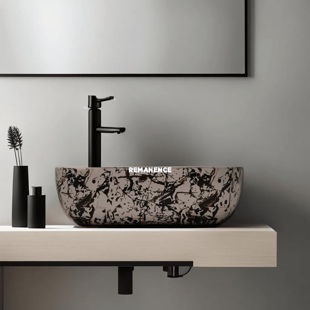 REMANENCE Premium Designer Table Top Wash Basin For Designer Bathrooms, Luxury Homes, Boutique Hotels (18 x 13 x 5.5 Inch) (AD 11 Designer White N Black)