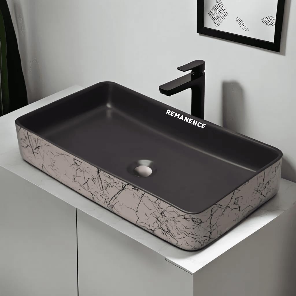 REMANENCE Designer Ceramic Table Top Wash Basin For Bathroom (24 x 14 x 5 Inch) (Grey N White Black Stripe SL 54)