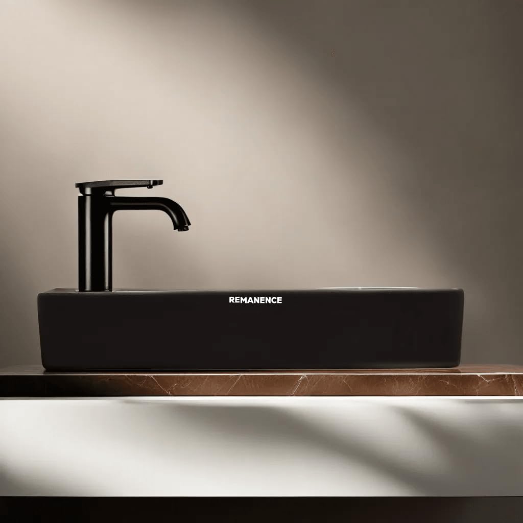 REMANENCE Designer Ceramic Table Top Wash Basin For Bathroom (24 x 14 x 5 Inch) (Designer Black N Grey Stripe SL 66)