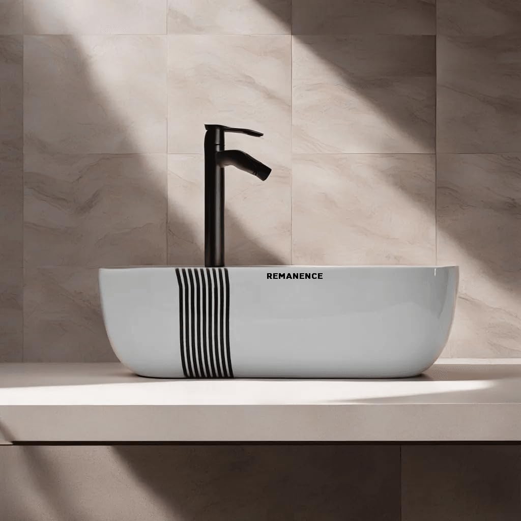 REMANENCE Premium Designer Table Top Wash Basin For Designer Bathrooms, Luxury Homes, Boutique Hotels (18 x 13 x 5.5 Inch) (AD 18 White N Black Stripe Design)