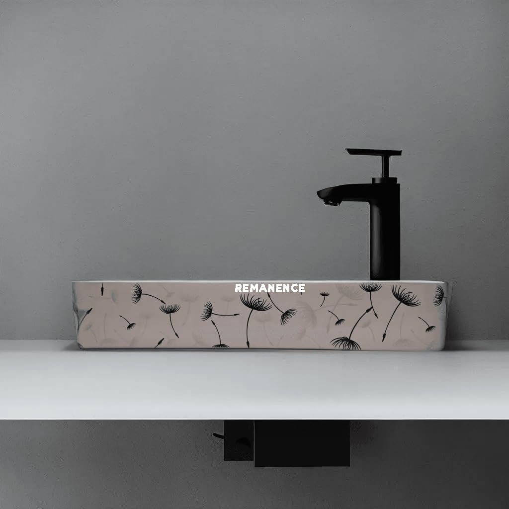 REMANENCE Designer Ceramic Table Top Wash Basin For Bathroom (24 x 14 x 5 Inch) (White N Black Flower SL 05)